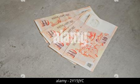 Les billets de Singapour se sont étalés sur une surface en béton, affichant plusieurs billets de dix dollars dans un arrangement soigné mettant en valeur la monnaie et complexe Banque D'Images