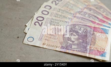 Billets polonais, dont 20 zloty, posés sur une surface en béton, mettant en évidence la monnaie polonaise dans un contexte financier. Banque D'Images