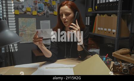Une femme rousse concentrée analyse les preuves tout en parlant au téléphone dans le bureau d'un détective encombré de dossiers d'enquête et d'une carte épinglée. Banque D'Images