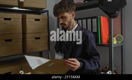 Un jeune homme hispanique avec une barbe, vêtu d'une tenue de détective, examine un document dans une salle de preuve bien organisée du commissariat de police. Banque D'Images