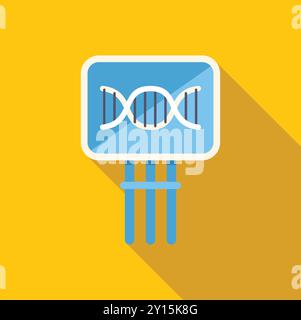 Icône d'un test adn montrant sa structure en double hélice avec des tubes à essai en conception plate avec une longue ombre sur un fond jaune Illustration de Vecteur