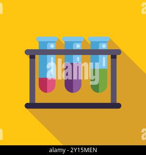 Illustration vectorielle colorée dans la conception plate de trois tubes à essai avec du liquide coloré dans un support sont debout sur fond jaune Illustration de Vecteur
