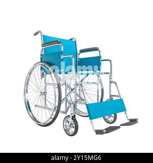 Fauteuil roulant vide avec siège bleu et accoudoirs sur fond transparent 3D. Banque D'Images