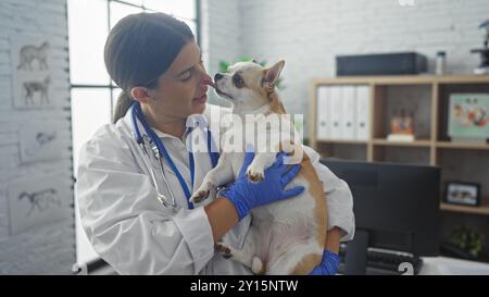 Une jeune vétérinaire hispanique tenant un chien chihuahua mignon dans une salle de clinique vétérinaire à l'intérieur. Banque D'Images