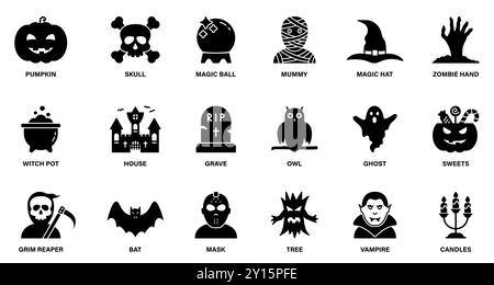 Icône de silhouette de set d'Halloween. Citrouille, fantôme, chauve-souris, tombe, bonbons, vampire, Creepy Castle Black icône pour la célébration du 31 octobre. Effrayant glyphe d'horreur Illustration de Vecteur