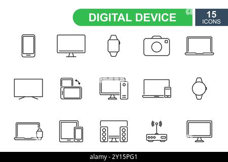 Icônes de ligne de gadgets et de périphériques intelligents. Pictogrammes des appareils et des lignes électroniques. Téléphone portable, montre intelligente, ordinateur, ordinateur portable, routeur wi-fi, pc, tablette Illustration de Vecteur