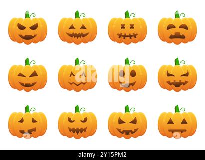 Visages effrayants et drôles pour l'illustration de citrouille d'Halloween. Visages effrayants de fantôme. Ensemble d'émotions d'horreur d'Halloween sur fond blanc. Vecteur isolé Illustration de Vecteur