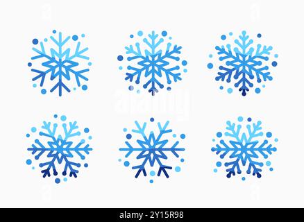 Flocons de neige lignes et cercles bleus. Collection de flocons de neige mignon isolé sur fond blanc. Belle collection de flocons de neige pour les cartes de Noël ou les bannières Illustration de Vecteur