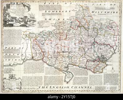 Une impression de carte vintage précise du 18ème siècle décrit le comté anglais de Dorset ou Dorsetshire Angleterre Royaume-Uni la carte marque clairement les villes, les routes et les caractéristiques topographiques, des centaines John Bowles et Robert Sayer 1767 impression antique Banque D'Images