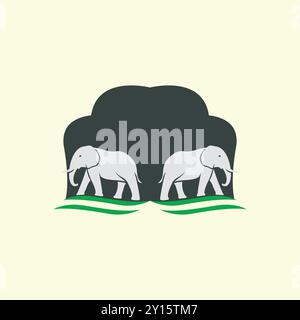 Deux éléphants avec badge bouclier ou logo Illustration de Vecteur