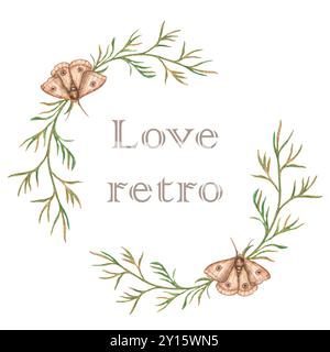 Cadre floral en aquarelle. Une couronne peinte à la main de brindilles de fleurs séchées et de papillons dans un style vintage. Fleurs sauvages. Cadre sur un dos blanc Banque D'Images