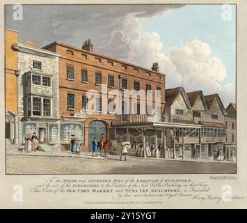 A avant impression gravure en couleur de l'ancien marché de maïs et Tuns inn High Street Guildford Angleterre 1819 horizon du XIXe siècle et paysage urbain perspective historique gravure aquarelle art antique tirage de Robert Havell Voir image 2Y16030 Banque D'Images