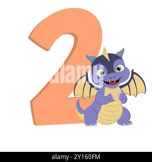 Dragon de dessin animé mignon avec le numéro 2 pour l'anniversaire Banque D'Images