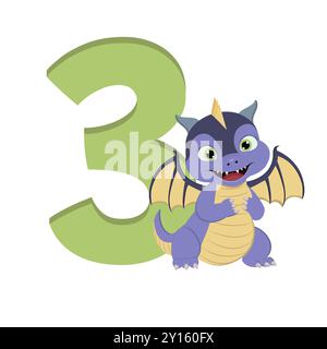 Dragon de dessin animé mignon avec le numéro 3 pour l'anniversaire Banque D'Images