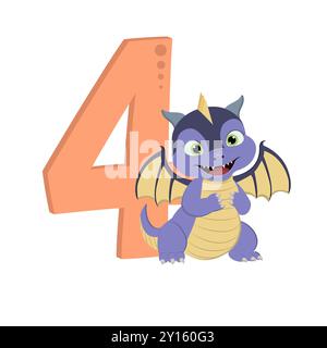 Dragon de dessin animé mignon avec le numéro 4 pour l'anniversaire Banque D'Images