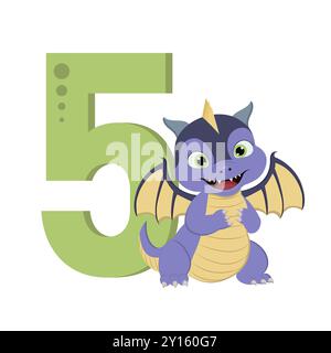Dragon de dessin animé mignon avec le numéro 5 pour l'anniversaire Banque D'Images