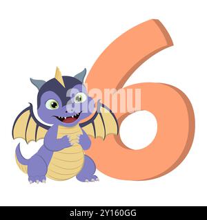 Dragon de dessin animé mignon avec le numéro 6 pour l'anniversaire Banque D'Images