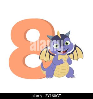 Dragon de dessin animé mignon avec le numéro 8 pour l'anniversaire Banque D'Images