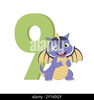 Dragon de dessin animé mignon avec le numéro 9 pour l'anniversaire Banque D'Images