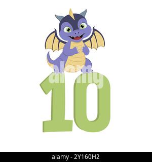 Dragon de dessin animé mignon avec le numéro 10 pour l'anniversaire Banque D'Images