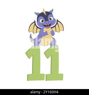 Dragon de dessin animé mignon avec le numéro 11 pour l'anniversaire Banque D'Images
