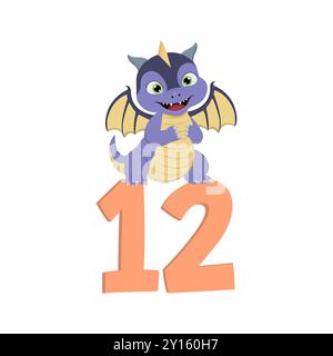Dragon de dessin animé mignon avec le numéro 12 pour l'anniversaire Banque D'Images