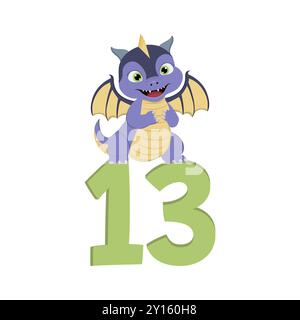 Dragon de dessin animé mignon avec le numéro 13 pour l'anniversaire Banque D'Images