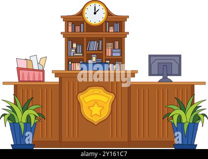 Réception vide d'un poste de police avec ordinateur, horloge, livres, plantes et badge doré Illustration de Vecteur