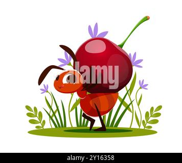 La fourmi de dessin animé porte une cerise au milieu de l'herbe verte et de la fleur sur un pré d'été. Insecte de fourmi vecteur gai mignon portant une grande cerise sur son dos, mettant en valeur une scène ludique et colorée de la nature Illustration de Vecteur
