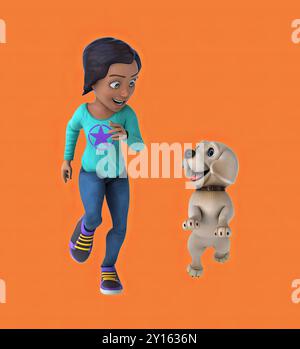 Amusante fille de dessin animé 3D avec un chien Banque D'Images