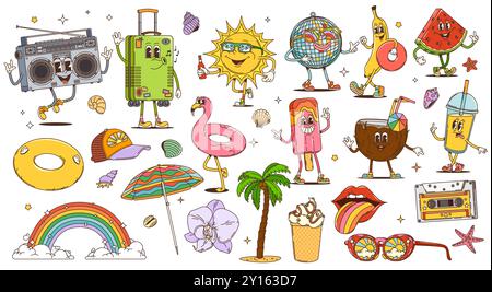 Personnages de voyage et de loisirs groovy de dessin animé rétro, vacances d'été vectorielles et vacances à la plage. Soleil hippy psychédélique, palmier, valise de voyage et lunettes de soleil, crème glacée groovy, cocktails et parapluie Illustration de Vecteur