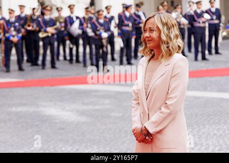 Roma, Italie. 05th Sep, 2024. Il presidente del Consiglio Giorgia Meloni prima dell'incontro con il Presidente della Repubblica dell'Azergian Ilham Aliyev a Palazzo Chigi a Roma, Gioved&#xec;, 5 Settembre 2024 (Foto Roberto Monaldo/LaPresse) premier ministre Giorgia Meloni avant la rencontre avec le président de la République d'Azerbaïdjan Ilham Aliyev au Palazzo Chigi à Rome, jeudi 5 septembre 2024 (photo de Roberto Monaldo/LaPresse Live News) Banque D'Images