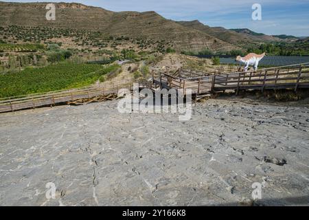 Traces de dinosaures, le dépôt des Ichnites de l'ère Peladillo, Igea, la Rioja , Espagne, Europe. Banque D'Images