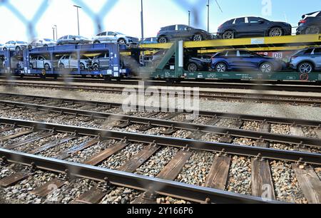 Zwickau, Allemagne. 05th Sep, 2024. De nouvelles voitures électriques des différentes marques du groupe VW sont stationnées sur un train de marchandises à l’usine Volkswagen de Zwickau. Une réunion de travail a lieu à l'usine de Zwickau le même jour. Le plus grand constructeur automobile européen avait annoncé que, compte tenu de l'aggravation de la situation, il resserrerait à nouveau ses mesures d'austérité sur la marque principale de VW. Les fermetures d'usines en Allemagne et les licenciements obligatoires ne sont plus exclus. Crédit : Hendrik Schmidt/dpa/Alamy Live News Banque D'Images