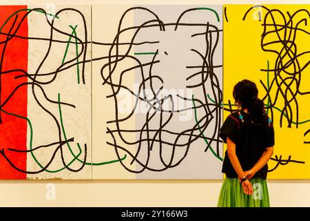 Femme regardant l'exposition, es Baluard Musée d'Art moderne et contemporain Palma. Majorque. Îles Baléares. Espagne. Banque D'Images