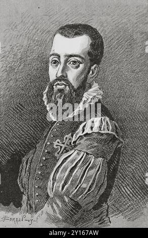 Garcilaso de la Vega (vers 1501-1536). Militaire espagnol et écrivain de l'âge d'or espagnol. Portrait. Illustration par Serra Pausas. 'Glorias Españolas' (Glories d'Espagne). Volume IV. publié à Barcelone, 1890. Auteur : Joan Serra Pausas (actif 1861-1902). Artiste espagnol. Banque D'Images