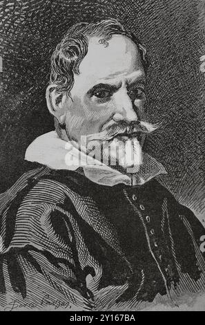 Alonso Cano (1601-1667) Peintre, sculpteur et architecte espagnol. Portrait. Illustration par Serra Pausas. 'Glorias Españolas' (Glories d'Espagne). Volume IV. publié à Barcelone, 1890. Auteur : Joan Serra Pausas (actif 1861-1902). Artiste espagnol. Banque D'Images