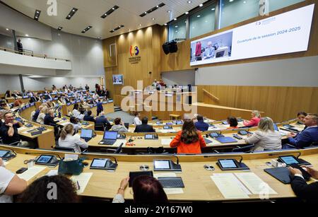 Bruxelles, Belgique. 05th Sep, 2024. Illustration photo prise lors d'une session plénière du parlement de la Fédération Wallonie-Bruxelles (Fédération Wallonie-Bruxelles - Federatie Wallonie-Brussel) à Bruxelles, jeudi 05 septembre 2024, première session après la pause estivale. BELGA PHOTO BENOIT DOPPAGNE crédit : Belga News Agency/Alamy Live News Banque D'Images