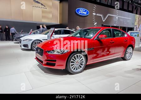 Jaguar XE 20d AWD au salon international de l'automobile de Genève. Suisse - 1er mars 2016. Banque D'Images