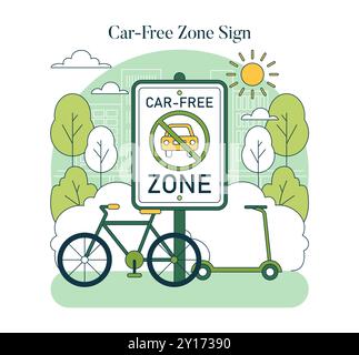 Concept de zone sans voiture. Panneau indiquant une zone sans voiture avec des vélos sur un fond de parc urbain. Promotion du transport écologique. Illustration vectorielle. Illustration de Vecteur