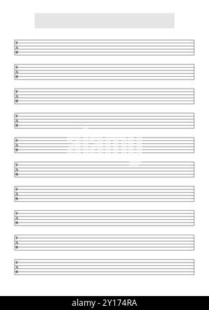 Modèle de feuille de tablature guitare vierge (6 cordes) pour écrire de la musique. Format A4 en mode portrait avec un titre de morceau et un bloc de nom d'artiste en haut Banque D'Images