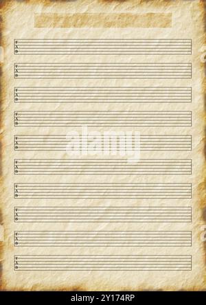 Modèle de feuille de tablature guitare vierge (6 cordes). Portrait au format A4 avec titre de morceau et bloc de nom d'artiste. Fond de parchemin texturé rétro brûlé Banque D'Images