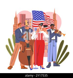 Concept Patriot Day. Célébrer la culture américaine avec musique et drapeau, avec un groupe de jazz dans une scène urbaine. Illustration vectorielle. Illustration de Vecteur