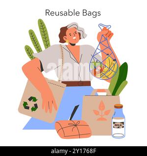 Concept de style de vie durable. Femme promouvant l'utilisation de sacs réutilisables respectueux de l'environnement parmi les articles d'épicerie quotidiens. Engagement en faveur de la préservation de l'environnement. Illustration vectorielle. Illustration de Vecteur