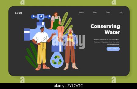 Concept de style de vie durable. Les gens qui s'engagent dans la conservation de l'eau avec l'aide robotique de recyclage. Gestion responsable des ressources. Illustration vectorielle. Illustration de Vecteur