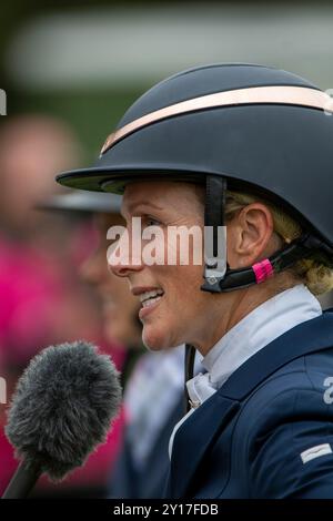 Stamford, Royaume-Uni. 5 septembre 2024. Zara Tindall Riding Class Affair représentant la Grande-Bretagne lors de la phase de dressage le jour 1 des procès du Defender Burghley Horse de 2024 qui se sont déroulés dans les terrains de Burghley House à Stamford, Lincolnshire, Angleterre, Royaume-Uni. Crédit : Jonathan Clarke/Alamy Live News Banque D'Images