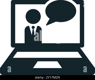 Homme d'affaires parlant à l'intérieur de l'icône d'éducation en ligne d'écran d'ordinateur portable Illustration de Vecteur