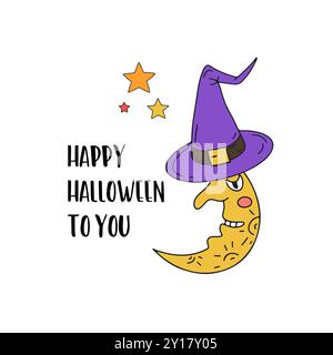 Carte ou affiche avec illustration mignonne d'Halloween avec demi-lune souriante portant chapeau de sorcière Illustration de Vecteur