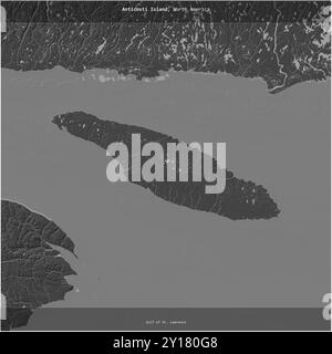 Île d'Anticosti dans le golfe du Saint-Laurent, appartenant au Canada, coupée en carré sur une carte d'altitude à deux niveaux Banque D'Images