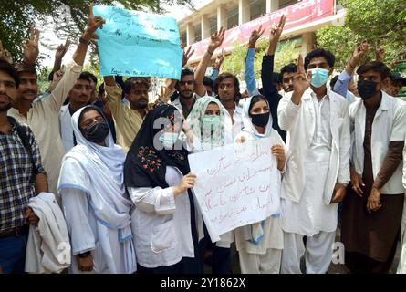 Des membres de tout le personnel paramédical organisent une manifestation de protestation contre l'autoritarisme de MS Training, au club de presse d'Hyderabad le jeudi 5 septembre 2024. Crédit : Pakistan Press International (PPI)/Alamy Live News Banque D'Images